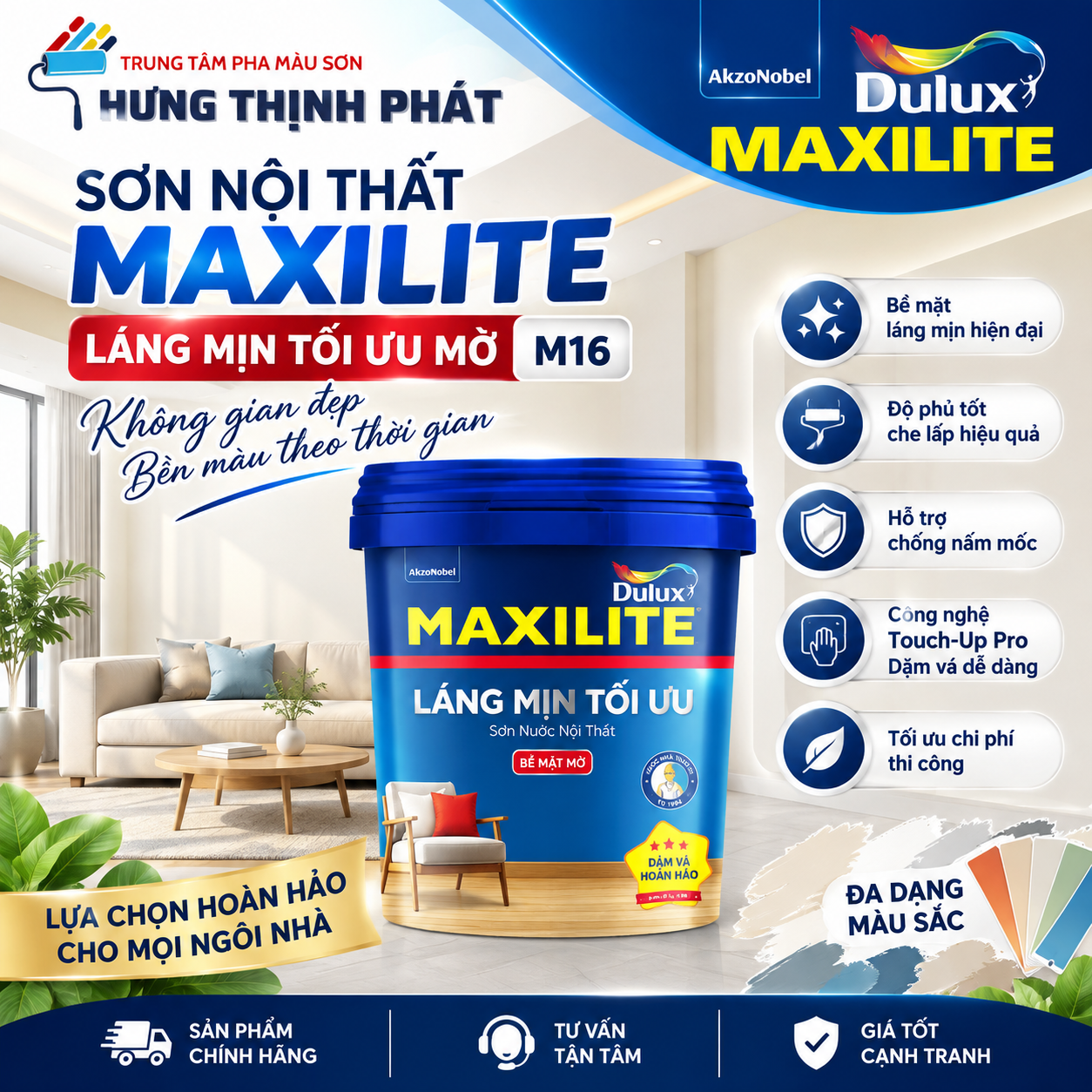 Sơn nội thất Maxilite Láng Mịn Tối Ưu Mờ M16